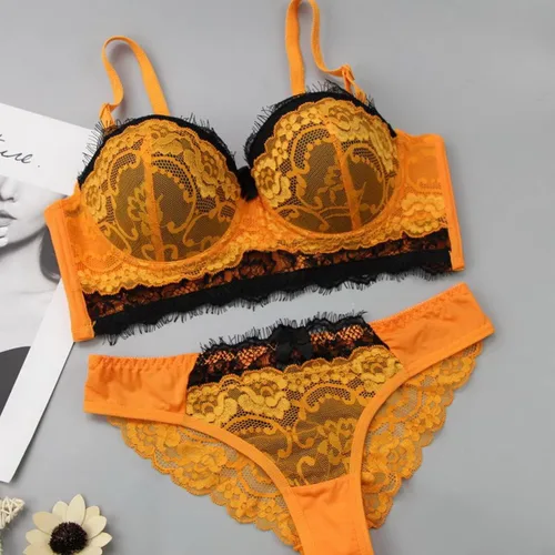 Vista 5 de Swbreety Conjunto de brasier y bragas de encaje para mujer, conjuntos de lencería de encaje floral con aros