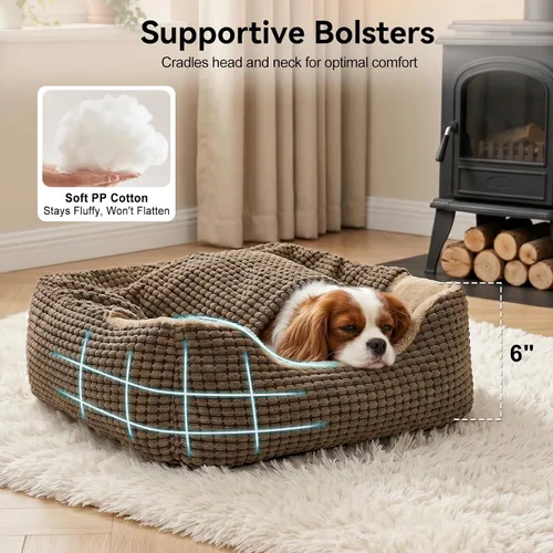 Vista 3 de GASUR Camas para perros pequeños, medianos y grandes con cueva de cubierta, cama rectangular con capucha para cachorros con manta, acogedoras camas