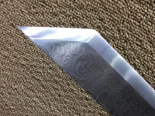 Vista 8 de Cuchilla, espada ancha de mango largo, hoja de acero de manganeso alto, vaina de cuero, longitud 38.5 pulgadas