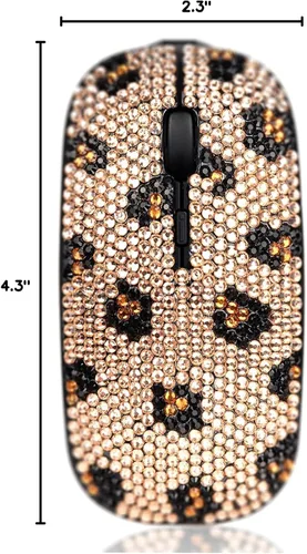 Vista 6 de SA@ Bling Crystal Rhinestone Ratón inalámbrico para computadora con receptor USB para niñas, mouse de leopardo deslumbrante para laptop, PC, laptop