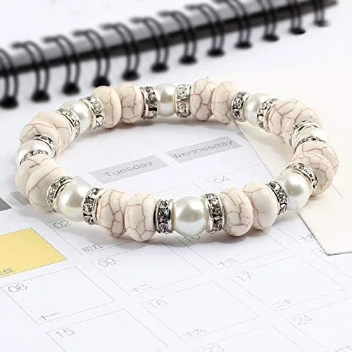 Vista 3 de Pulseras de mujer vintage de turquesa natural perlas de imitación con cuentas de diamantes de imitación dije de cuerda elástica pulseras de joyería