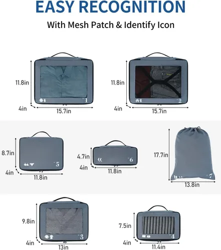 Vista 6 de ECOHUB Juego de 7 cubos de equipaje resistentes al desgarro con icono de número para accesorios de viaje, equipaje maleta, cubos de embalaje