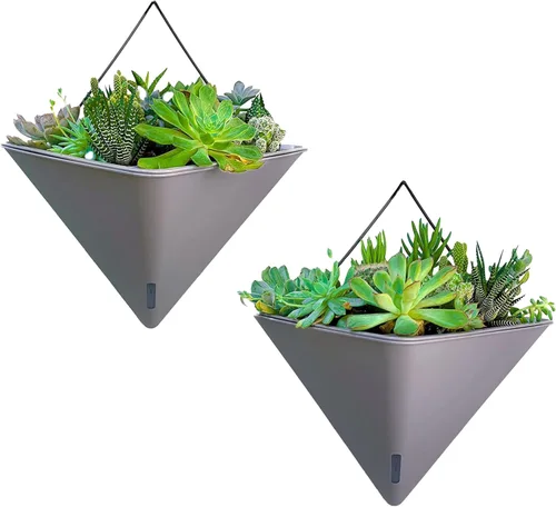 Vista 13 de LaLaGreen - Maceteros de pared para plantas de interior, paquete de 2, 12 pulgadas, grandes con autoriego, negro, geométrico, colgante, florero