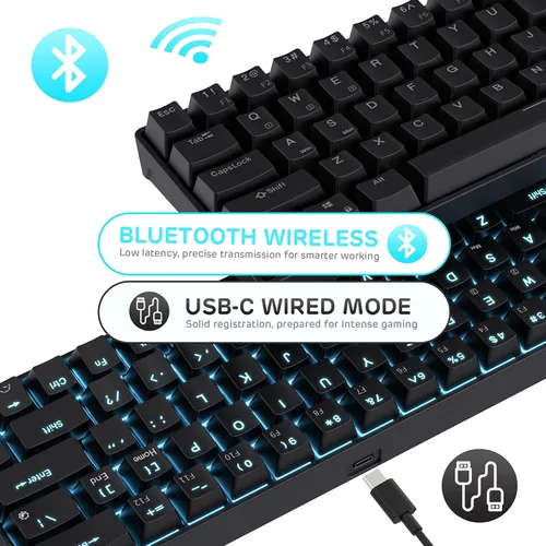 Vista 4 de RK ROYAL KLUDGE RK68 Teclado mecánico inalámbrico intercambiable en caliente al 65%, teclado compacto Bluetooth para juegos con flecha