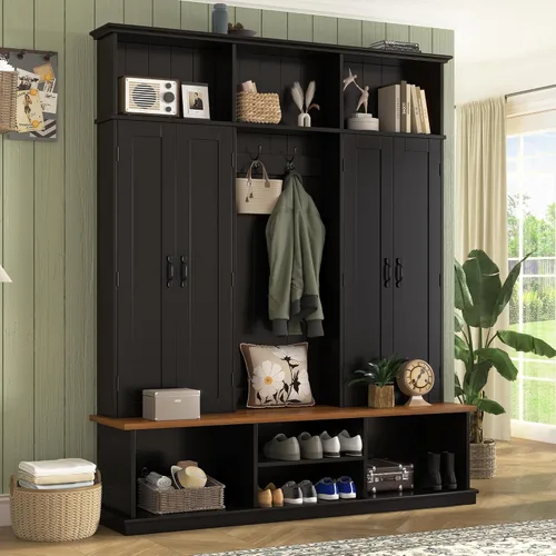Vista 22 de JIVOIT Farmhouse Wood Hall Tree with Coat Hooks, Cabinets, 4 Drawers, Hooks (Ancient White/ 091)