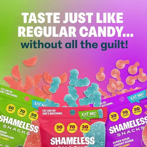Vista 3 de Shameless Snacks - Gomitas keto bajas en carbohidratos sin gluten - Frambuesa azul, sandía, bomba de cereza