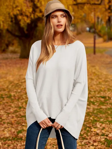 Vista 3 de Caracilia Women Boat Neck Batwing Long Sleeve 2024 Fall Oversized Ribbed Knit Pullover Sweaters Baggy Jumper Tunic Tops