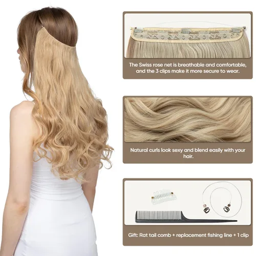 Vista 3 de SARLA Extensiones de cabello con alambre invisible con 3 clips, postizo sintético corto, ondulado, rizado, diadema ajustable transparente