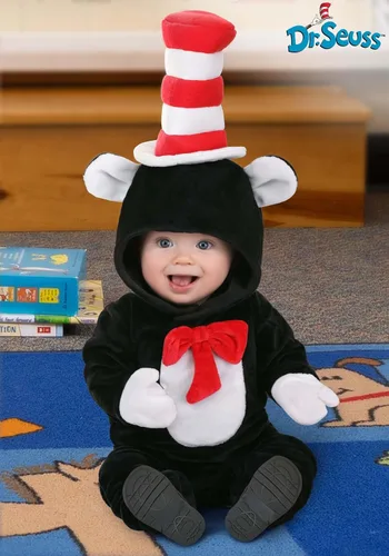 Vista 2 de Disfraz infantil de El gato en el sombrero, mono de terciopelo con capucha, sombrero adjunto y cola rellena