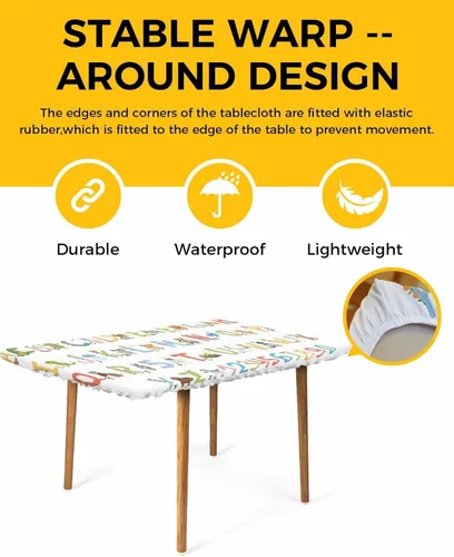 Vista 4 de Mantel ajustable con letras para mesas de 3 pies, impermeable, lavable, elástico, para picnic al aire libre, camping, comedor, fiesta, colorido