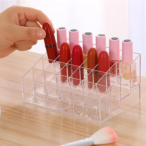 Vista 6 de Soporte para lápiz labial de 24 espacios, organizador de lápiz labial acrílico transparente y estante de exhibición para cosméticos, organizador