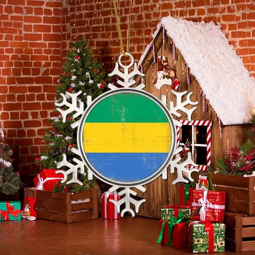 Vista 5 de Adorno colgante de Navidad de Gabón, bandera de Gabón, regalo de vacaciones, copo de nieve de metal, adorno para árbol de Navidad, bandera nacional