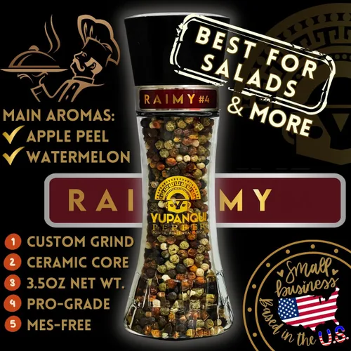 Vista 3 de YUPANQUI Molinillo de pimienta arcoíris de 3.5 onzas, recargable con granos de pimienta arcoíris gourmet RAIMY Artisanal de 7