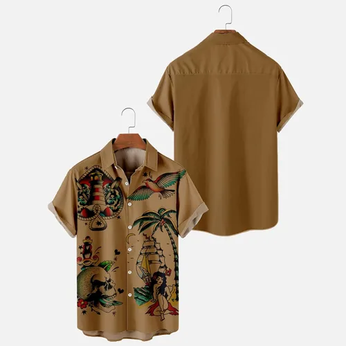 Vista 2 de Camisas hawaianas de bolos para hombre, de manga corta, camisas de guayabera cubana, casuales, con botones, hippie, para playa, ligeras, camisetas