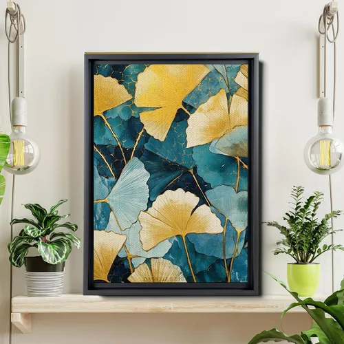Vista 6 de Gold Turquoise Ginkgo Leaf Print, Captivating Plants Wall Art, Ginkgo Biloba Leaf Print Painting, Embrace the Serenity of Nature