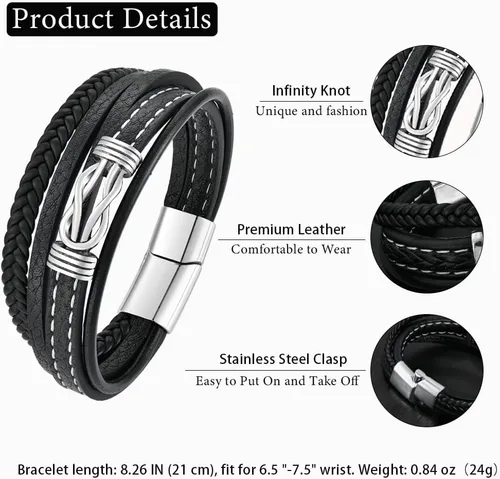 Vista 6 de Pulsera de cuero con nudo para hombre, estilo vintage, elegante, acero inoxidable 316L, infinito, joyería elegante y genial para hombres, padre