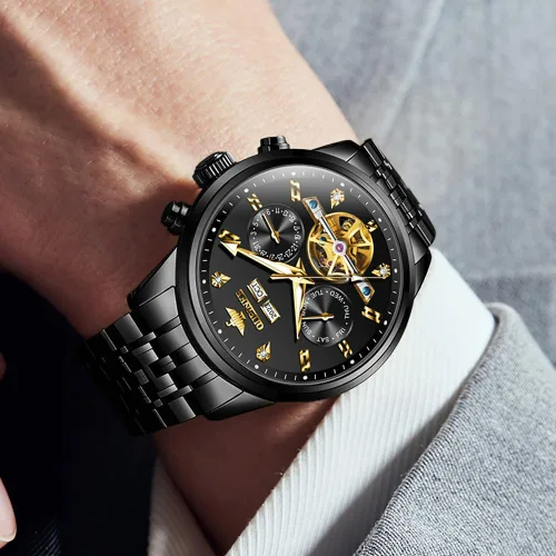 Vista 3 de OUPINKE Relojes Automáticos para Hombres Mecánicos Esqueleto Reloj de Vestir de Lujo para Hombre Acero de Tungsteno Resistente al Agua Luminoso