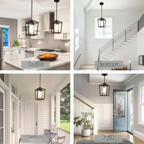 Vista 2 de Luces colgantes negras para isla de cocina, lámparas de 1 luz, iluminación de isla de granja, lámpara colgante de linterna para pasillo, vestíbulo