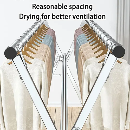 Vista 4 de Estante de secado de ropa de acero inoxidable con ruedas, 95 pulgadas, resistente, plegable y extensible