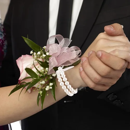 Vista 5 de Pulsera de perlas con ramillete de muñeca elástica para muñeca, pulsera elástica de perlas para boda, ramillete de perlas de imitación, Seda