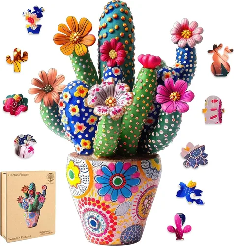 Vista 16 de Mys Aurora - Rompecabezas de madera para adultos, diseño de cactus y flores, 200 piezas