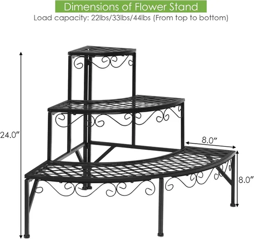 Vista 3 de Giantex Soporte esquinero de metal de 3 niveles, estante esquinero redondo para plantas con almohadillas antideslizantes, estante esquinero