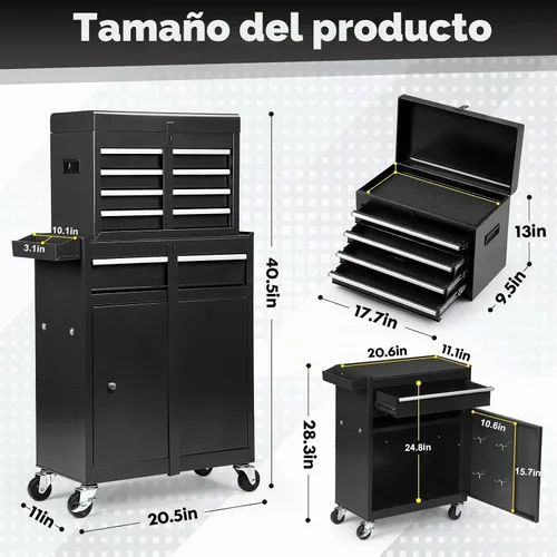 Vista 3 de Dawmilon Cofre de herramientas con 5 cajones y ruedas - Gabinete de herramientas de alta capacidad con caja de herramientas superior desmontable
