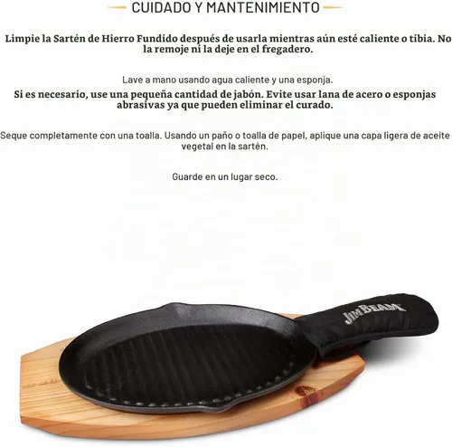 Vista 8 de Jim Beam JB0159, construcción resistente, sartén de hierro fundido pre-sazonado con base de madera y manopa, negro, pequeño