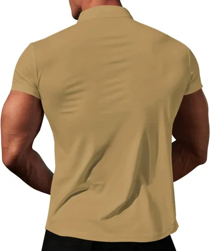 Vista 3 de LOGEEYAR Camisa polo de manga corta con cuello en V y cremallera para hombre, corte ajustado, camiseta atlética Henley