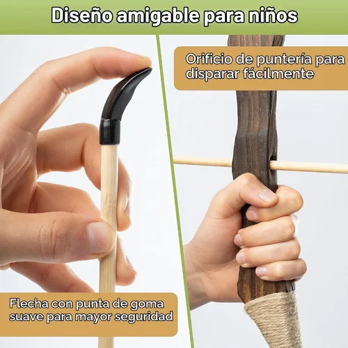 Vista 3 de BOWRILLA® Arco y flecha de madera para niños con 10 flechas, carcaj, 3 objetivos y bolsa de almacenamiento Juego de arco y flecha para niños