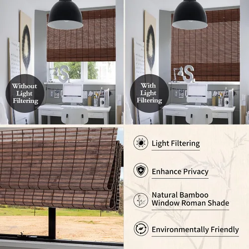 Vista 2 de ALIMOO Persianas romanas de bambú inalámbricas, persianas de bambú para ventanas interiores, hogar y jardín, fácil instalación, 32 pulgadas de ancho
