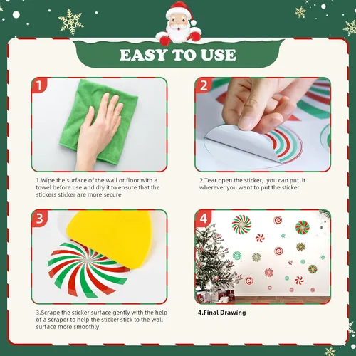 Vista 6 de 54 piezas de calcomanías adhesivas de Navidad para pared con decoración de caramelo de Navidad, calcomanías adhesivas de caramelo de menta para Rojo