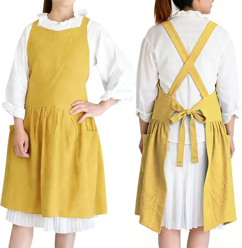 Vista 8 de Vestido tipo delantal de lino de algodón con espalda cruzada para mujer con bolsillos para cocinar y limpiar - Delantal cruzado - Azul - con lazos