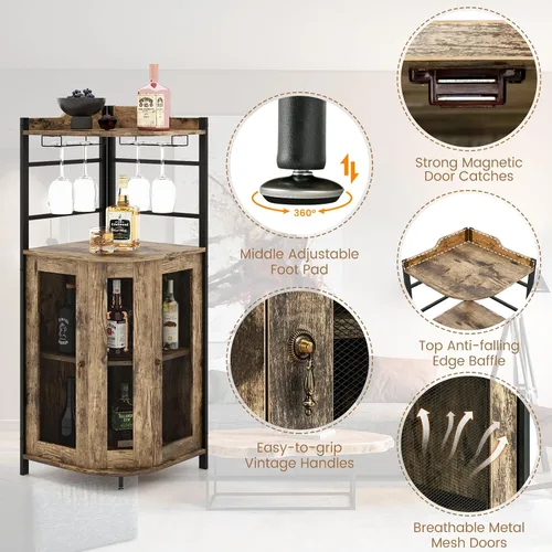 Vista 4 de LOKO Armario esquinero para bar de vinos, gabinete industrial para vinos con puertas de malla metálica y estante ajustable, gabinete de licor