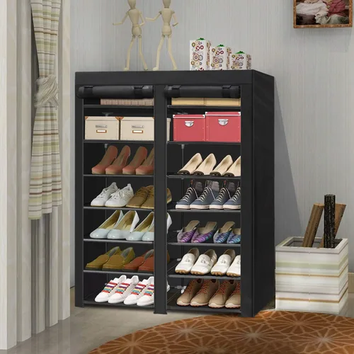 Vista 2 de ERONE - Organizador portátil de almacenamiento para zapatos, 28 pares, de doble fila, con cubierta de tela no tejida, estantería para zapatillas
