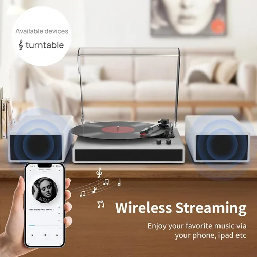 Vista 3 de Tocadiscos de vinilo con 2 altavoces estéreo externos, giradiscos con transmisión por correa y soporte Bluetooth, 3 velocidades, salida RCA