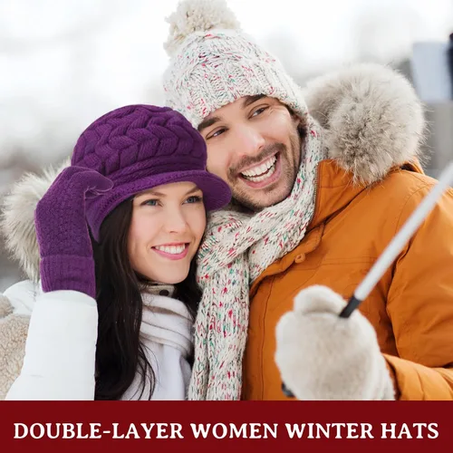 Vista 26 de SATINIOR Juego de 4 gorros y guantes de invierno para mujer, gorro de punto cálido, gorro de esquí de nieve con visera y guante para pantalla rojo