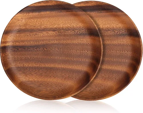 Vista 8 de Ayiaren 2 unidades de platos decorativos de madera de acacia para ensalada, tableros redondos de charcutería, aperitivo, postre, tabla de servir