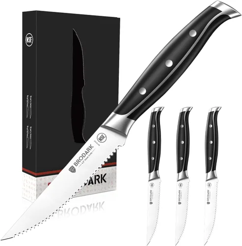 Vista 8 de BRODARK Juego de 6 cuchillos de carne dentados de 4.5 pulgadas, viene con Negro