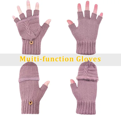 Vista 12 de Beurlike Guantes de invierno para mujer, de lana cálida, a prueba de viento, convertibles, sin dedos