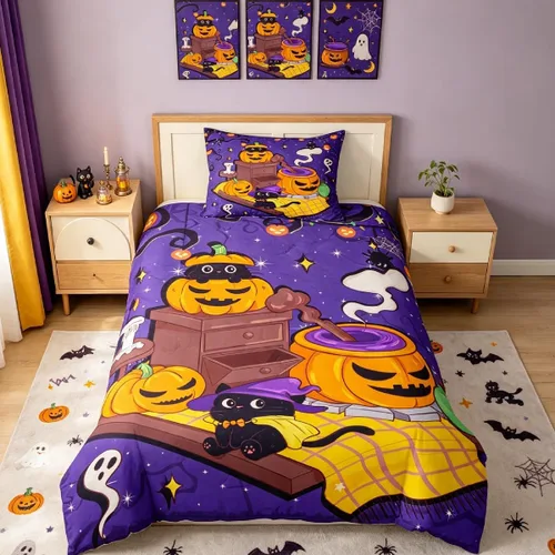 Vista 39 de Erosebridal Halloween Castle Pumpkin Duvet Cover Set Spooky Floral Cartoon Twin Bedding Sets for Girls Kids Boys Vintage Spooky Comforter Cover