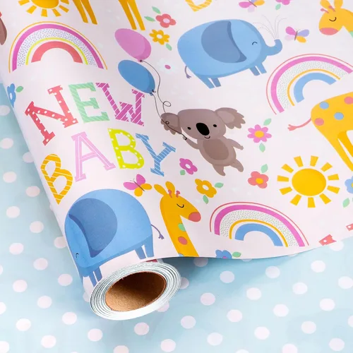 Vista 24 de Homeral Rollo de papel para envolver regalos azul para baby shower - Rollo mini - 17 pulgadas x 16.5 pies - Juego reversible de papel de regalo