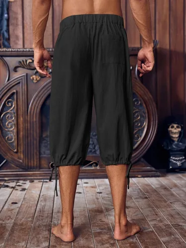 Vista 3 de Gafeng Pantalones piratas renacentistas medievales para hombre, disfraz colonial de caballero para Halloween, pantalones cortos con cordones LARP
