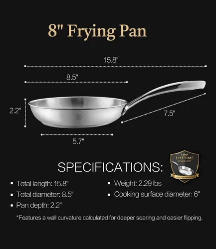 Vista 9 de Sartén de acero inoxidable de 8 pulgadas, base revestida de 5 capas, sartenes seguras de 800 ℉ para calentamiento uniforme, utensilios de cocina
