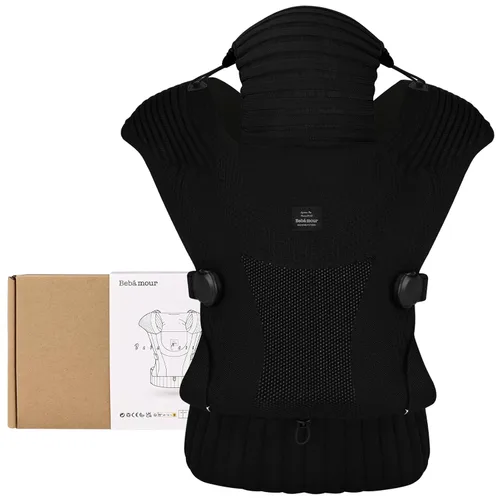 Vista 2 de Bebamour Portabebés de punto, acogedor y ligero para recién nacidos a niños pequeños, portabebés ergonómico con capucha para la cabeza (negro)