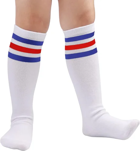 Vista 5 de BQUBO - Calcetines de fútbol para niños pequeños, calcetines de algodón a rayas hasta la rodilla, calcetines de tubo largo para niños y niñas de 3 a