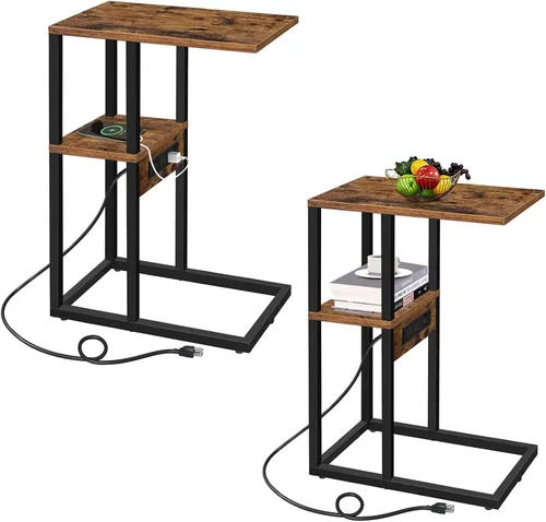 Vista 17 de TUTOTAK - Mesa auxiliar en forma de C con estación de carga, mesa lateral, mesa de sofá para espacios pequeños, bandeja de TV con 2 puertos USB