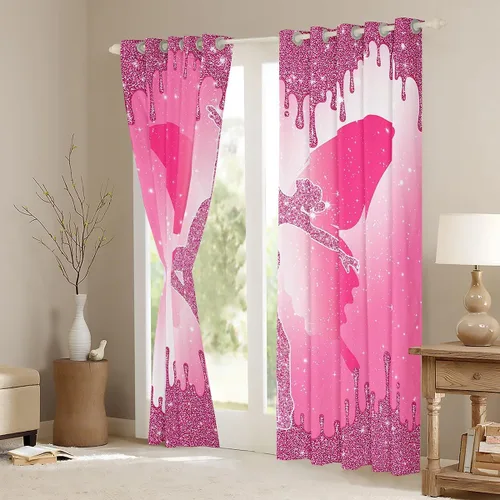 Vista 3 de Cortina de gimnasia para ventana, cortinas de lentejuelas rosas con purpurina y mariposa de diamante, para niños, niñas y mujeres, para decoración