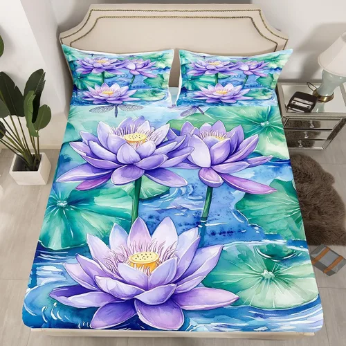 Vista 4 de Manfei Juego de sábanas de flor de loto morado, tamaño individual, juego de ropa de cama bohemio con libélula para niños, niñas y adultos, juego