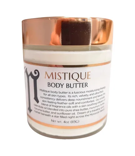 Vista 2 de Mantequilla corporal Mistique, sándalo, pachulí y especias, rica crema hidratante corporal con mantequilla de tucuma y acondicionador profundo